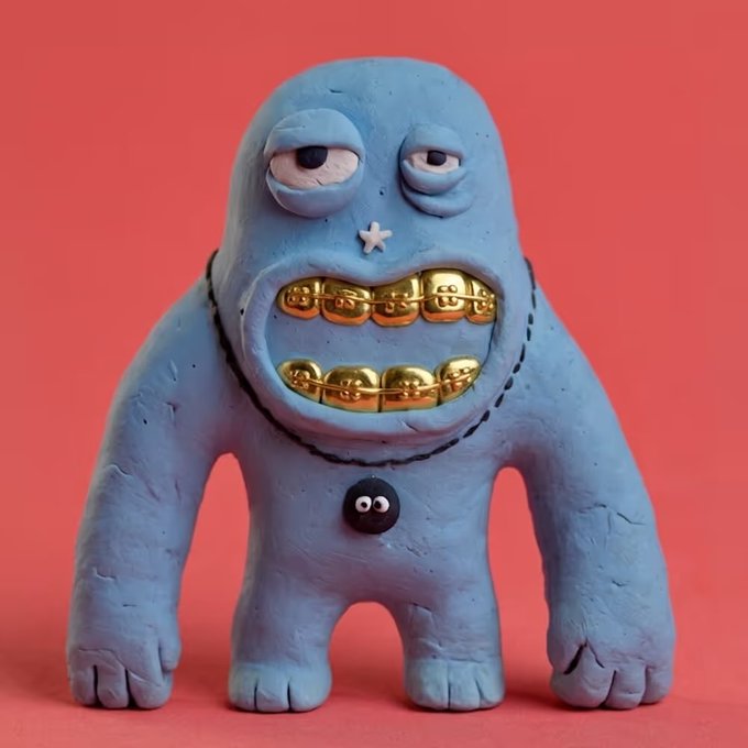 A blue claymation-style monster figure with gold grills, a stitched smile, and a small googly-eyed button on its chest, set against a coral background.