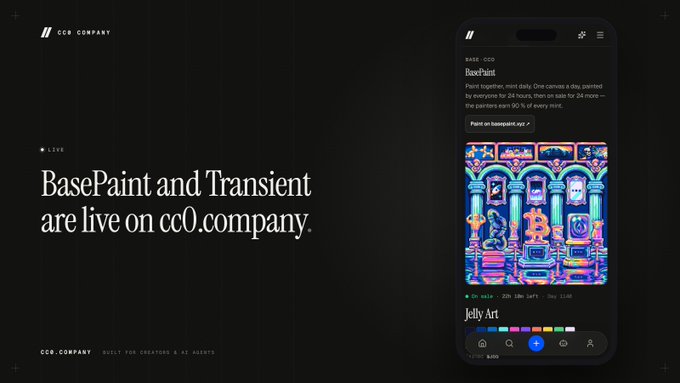 An advertisement for cc0.company states "BasePaint and Transient are live on cc0.company" alongside a phone mockup displaying a digital art piece titled "JellyArt."