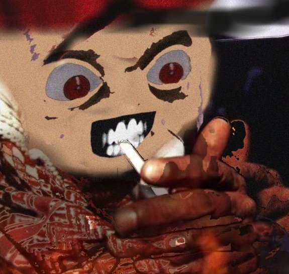 A dark, stylized image showing what appears to be a cartoonish face with red eyes and bared teeth above bloody hands, with a menacing artistic filter applied.