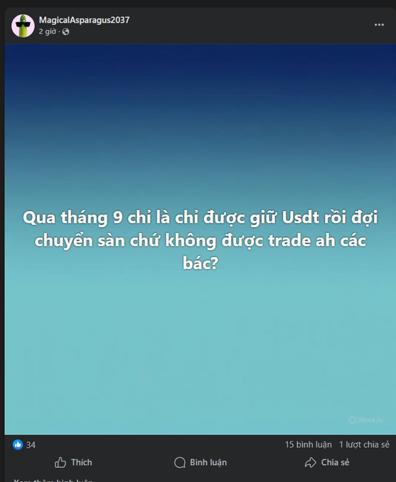 A Facebook post by MagicaIasparagus2037 with Vietnamese text: 'Qua tháng 9 chỉ là chỉ được giữ Usdt rồi đợi chuyện sàn chứ không được trade ah các bác?'