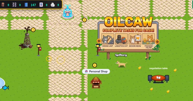 A pixel-art style game screenshot titled 'OILCAW - COMPLETE TASKS FOR CASH' shows a top-down farm area with a billboard for a job dispatch service.