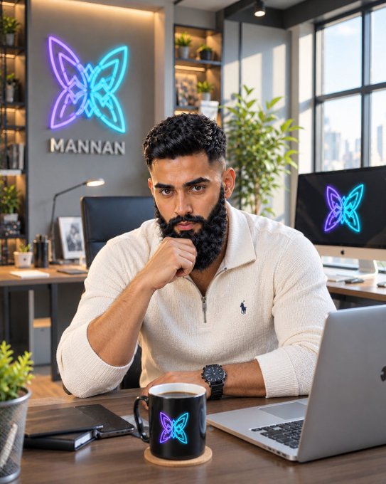 A bearded man sits at a desk with a laptop and coffee mug, with a glowing neon butterfly logo and 'MANNAN' text displayed on the wall behind him.