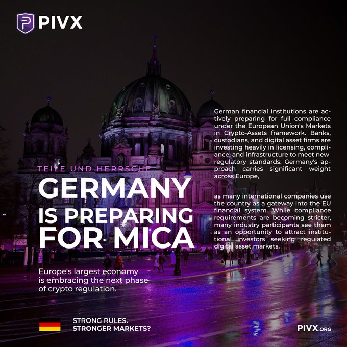 A PIVX promotional graphic featuring the Berlin Cathedral in purple lighting, with headlines 'GERMANY IS PREPARING FOR MiCA' and text explaining German financial institutions preparing for EU crypto regulations.