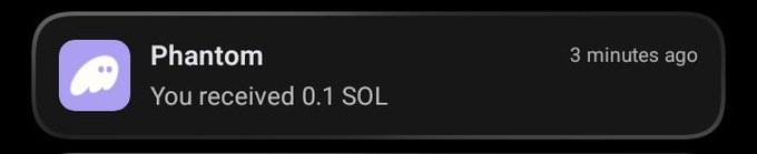 A notification from Phantom wallet confirms receiving 0.1 SOL, illustrating the post's claim of sending a small SOL tip to a follower.