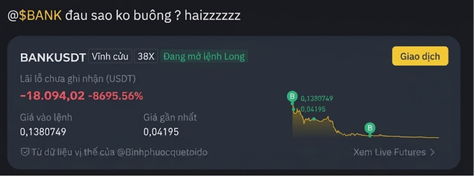 A screenshot of a cryptocurrency page for BANKUSDT showing a price of 0.1380749 and a significant 24-hour price drop of -8695.56%, accompanied by a line chart and the text '@$BANK dau sao ko buông ? haizzzzz'.