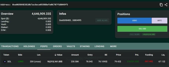 A blockchain portfolio screenshot shows a wallet (0xe0698483810b7ac6ece85988efe06707fd8049f5) with a 20X long position on SOL worth $18,313,161.03 (230.58K tokens at $79.42 entry price), confirming the reported $18.3 million leveraged long.