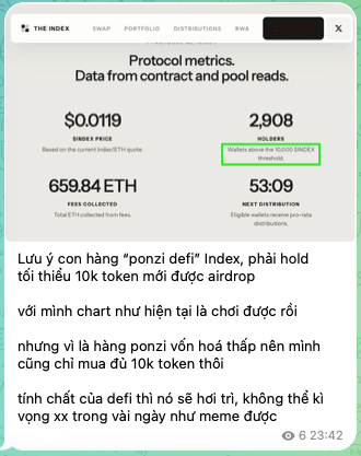 A screenshot showing 'Protocol metrics' for 'THE INDEX' with details including an index price of $0.0119, 2,908 holders, and Vietnamese text discussing a 'ponzi defi' airdrop requirement.
