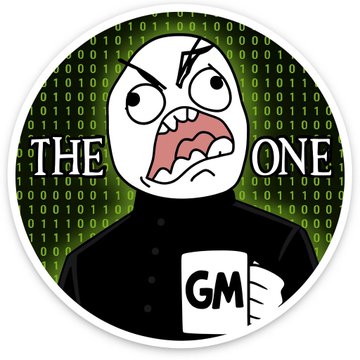 A circular 'THE ONE' sticker featuring the angry rage face character holding a 'GM' cup, set against a green binary code background.