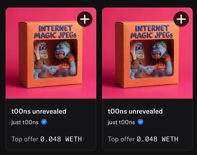 The image shows two identical NFT listings on a marketplace, each featuring a 3D-rendered toy box titled "INTERNET MAGIC JPEGS" that displays two cartoonish zombie characters shaking hands—one a dog figure in a brown suit and the other a green zombie in a flame shirt. Both listings are titled "t00ns unrevealed" by verified creator "just t00ns" with a top offer of 0.048 WETH each, visually showcasing the "internet magic jpegs" collection mentioned in the post.