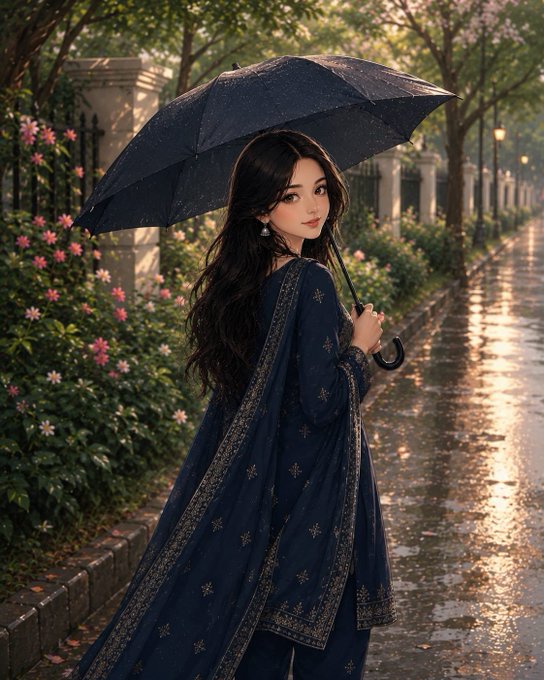 An illustration of a young woman with long dark wavy hair holding a black umbrella, wearing a dark blue embroidered traditional outfit, standing on a wet street lined with pink flowers.