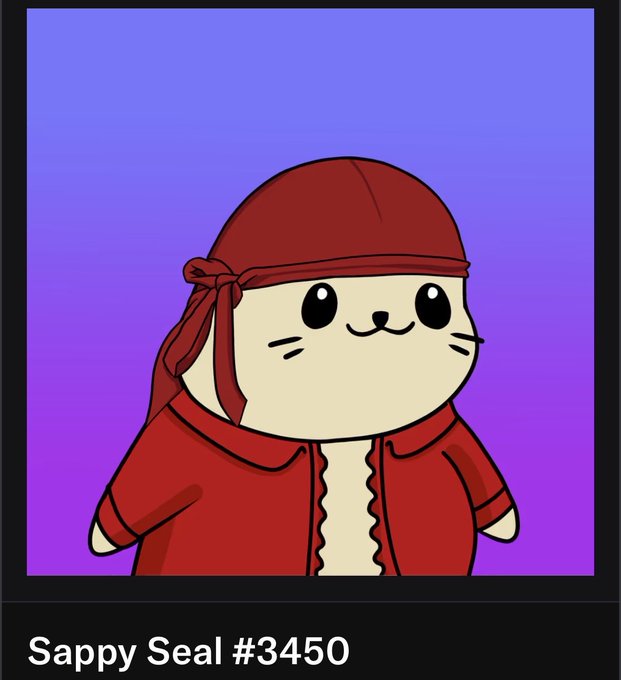 A cartoon-style illustration of a cute seal character wearing a red bandana and red shirt, labeled 'Sappy Seal #3450' against a purple gradient background.