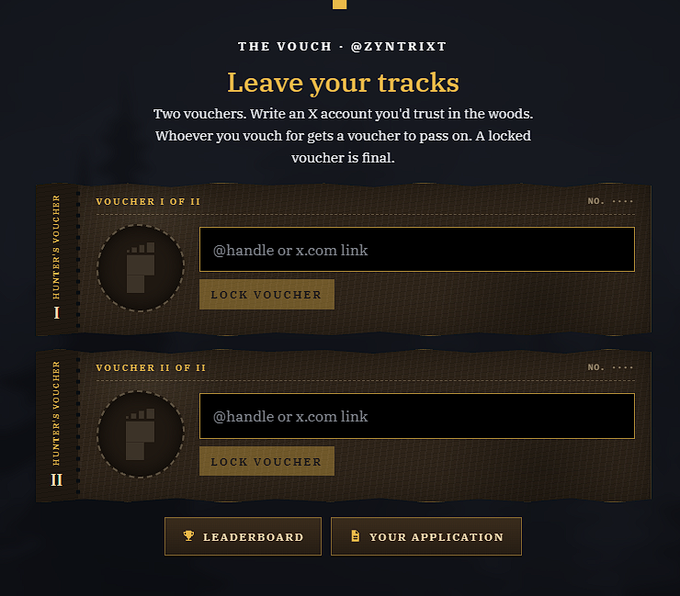 A screenshot of 'THE VOUCH' interface by @zyntrixt titled 'Leave your tracks,' instructing users to write an X account in the slots for Voucher I and II of II, with 'LOCK VOUCHER' buttons.