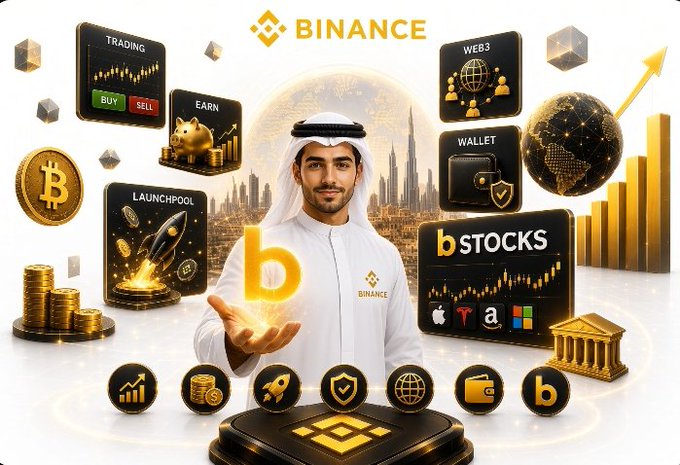 A man in traditional Emirati attire holds a glowing Binance "b" logo, surrounded by floating panels highlighting Binance's ecosystem services: Trading (Buy/Sell), Earn, Launchpool, Web3, Wallet, and bStocks featuring tokenized securities of major companies (Apple, Tesla, Amazon, Microsoft), visually reinforcing the post's message about Binance expanding beyond crypto into a full digital finance platform bridging traditional and digital assets.