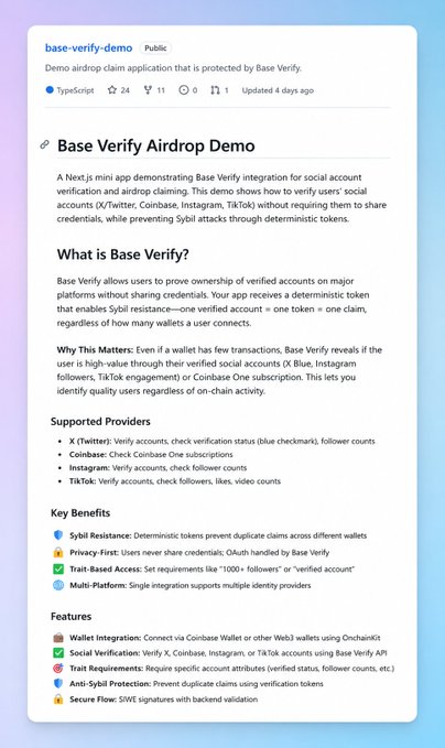 The image shows a screenshot of a screenshot from a video posted about verifying base network eligibility with an Airdrop Demo. The title of the video reads "Base Network Eligibility & Airdrop Verification Demo". The subtitle below explains that Base Verify has revealed how future airdrop eligibility will be verified, without requiring only activity on wallet balances. It also mentions that this demonstration was done in collaboration with Cryptovault and Ripple.
