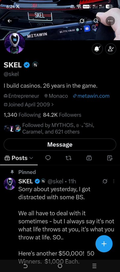 Screenshot of a Twitter/X profile for SKEL (@skel), an entrepreneur in Monaco with 84.2K followers, featuring a pinned post about a $50,000 giveaway with 50 winners at $1,000 each.