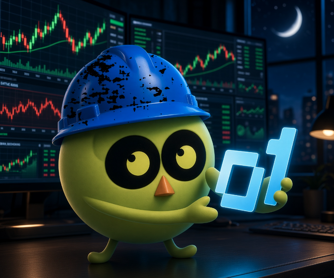 A green owl character wearing a blue construction helmet holds glowing "O1" letters in front of crypto charts displaying candlestick patterns and indices, symbolizing the new features and auto-ordering capabilities being built for the Owl1 Telegram bot on @base.