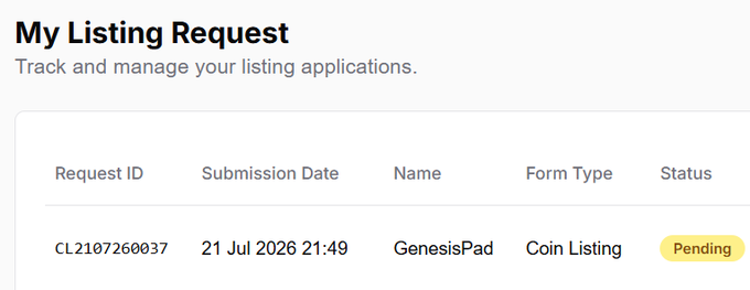 A 'My Listing Request' dashboard showing a pending coin listing application with Request ID CL2107260037 for 'GenesisPad' submitted on 21 Jul 2026 21:49.