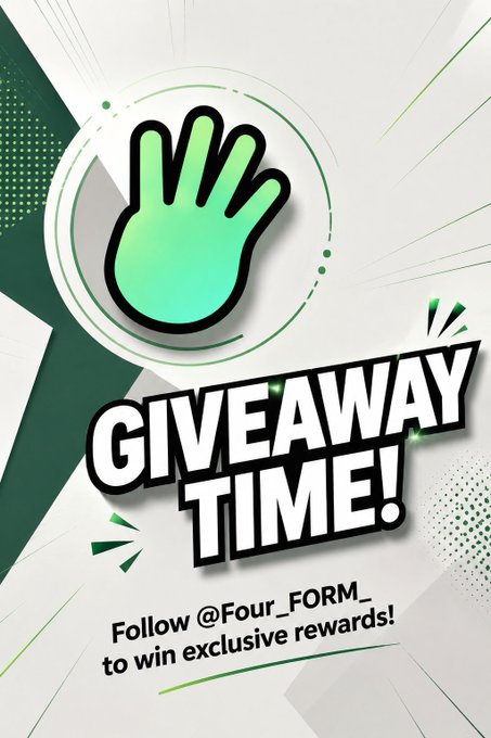 A promotional graphic for a giveaway, featuring a green waving hand icon and text reading 'GIVEAWAY TIME! Follow @Four_FORM_ to win exclusive rewards!'.