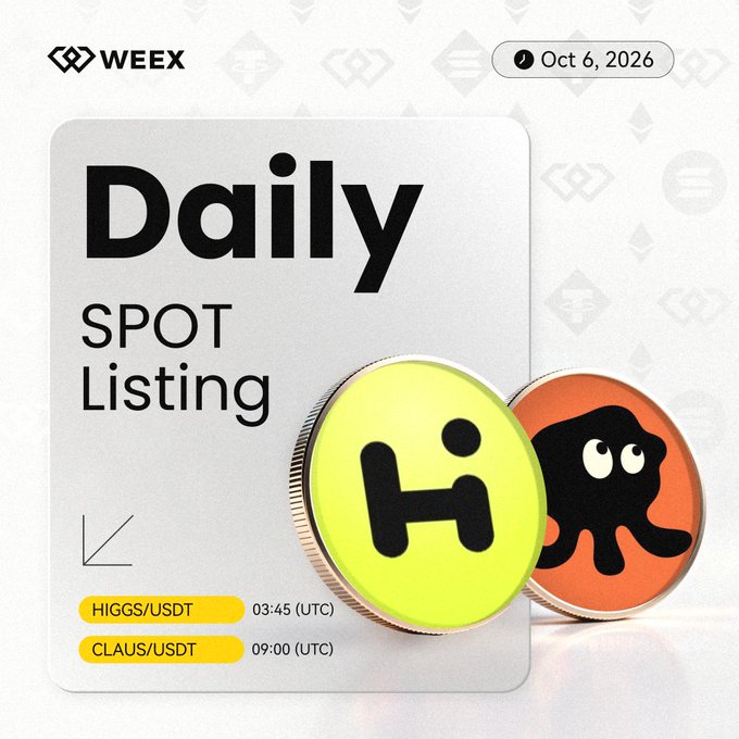 A Weex exchange announcement graphic dated "Oct 6, 2026" for its Daily Spot Listing of HIGGS/USDT at 03:45 (UTC) and CLAUS/USDT at 09:00 (UTC), featuring stylized coin characters.