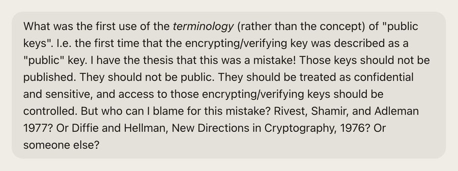 A text block discussing the history of public-key cryptography, questioning whether the term "public keys" originated with Rivest, Shamir, and Adleman (1977) or Diffie and Hellman's "New Directions in Cryptography" (1976).