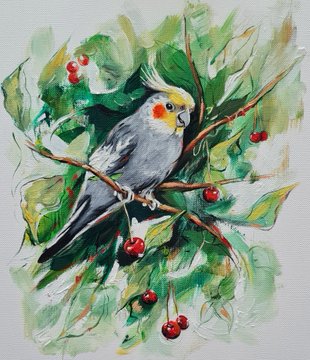 A watercolor painting depicts a cockatiel with a yellow crest and orange cheek patches perched among green leafy branches dotted with red cherries, capturing the "Summer's Melody" theme of nature's quiet beauty. The artwork is noted as an original 1/1 piece listed for 333 XTZ, blending vivid color and delicate brushwork to evoke a serene moment.
