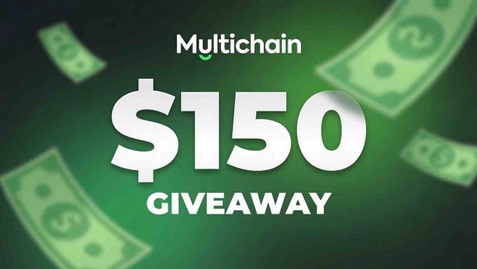 A promotional graphic for a "Multichain $150 GIVEAWAY" displayed against a green background with floating dollar bills, advertising a sweepstakes with two winners that runs for 48 hours in partnership with @SweepGlobal on the sweep.finance platform.
