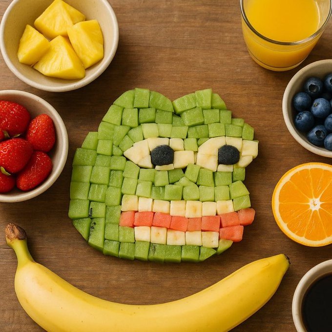 A face made entirely of fruit sits on a wooden table surrounded by bowls of strawberries, blueberries, pineapple, and orange juice, with the eyes and mouth arranged to form the wide-eyed, grinning expression of the Pepe meme. The pixelated green melon "skin" and smug, toothy smile playfully mirror the iconic $pepe crypto mascot.
