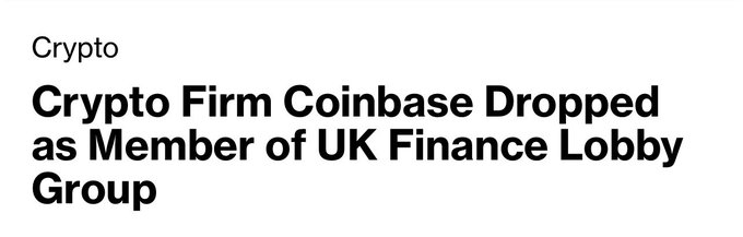 A news headline in black text on a white background reading 'Crypto Firm Coinbase Dropped as Member of UK Finance Lobby Group' under the category 'Crypto'.