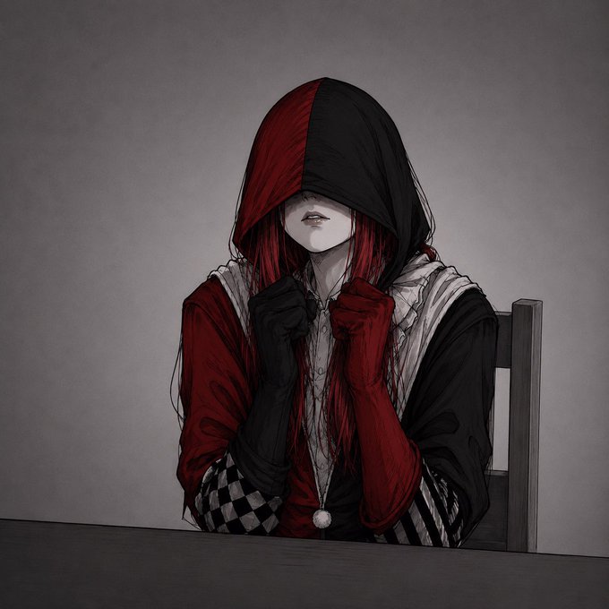 An anime-style illustration of a character in a red and black hooded cloak with their face partially shadowed, sitting at a table.