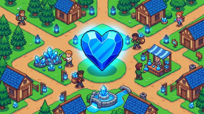 In the image, there are people standing around a large blue heart-shaped object that appears to be made of crystal or diamonds. The group seems to be gathered together near some buildings and surrounded by trees, suggesting they may be playing a trading game involving this unique centerpiece item. Additionally, there is an Easter egg placed in the image which might provide hints about certain features of the game world. The post reads "Mine. Trade. Risk. Earn fortune w/ $KORA Soon @Pumpfun @solanagaming". This suggests that they are playing a game that requires mining and trading for valuable items, specifically crystals or diamonds, within this digital environment.