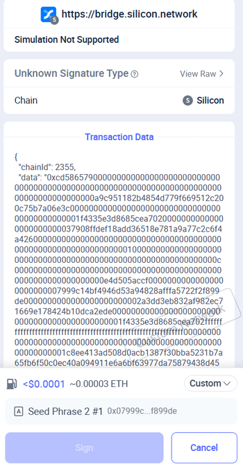 A screenshot of a blockchain simulation interface for "https://bridge.silicon.network" showing "Simulation Not Supported" and transaction data on the Silicon chain (chainId: 2355), with a gas fee of <$0.0001 (~0.00003 ETH).
