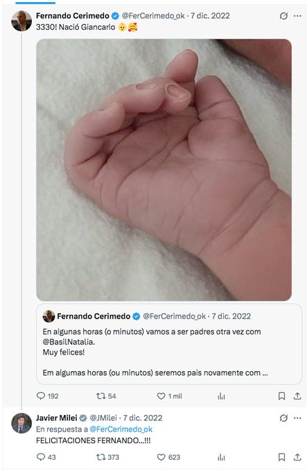 A Twitter post by Fernando Cerimedo (@FerCerimedo.ok) from December 7, 2022, showing a photo of his newborn child's hand with the text "3330! Nació Giancarlo" announcing the birth of his son Giancarlo, with a reply from Javier Milei (@JMilei) congratulating him. The accompanying context suggests this tweet is being cited as evidence that Milei rarely deletes tweets, though his only documented interaction with Cerimedo was brief—fitting the post's point about Milei's limited engagement with this user.