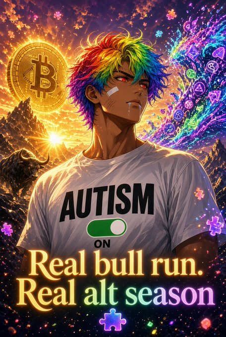 A vibrant anime-style illustration of a character with rainbow hair wearing a white shirt that reads 'AUTISM ON', set against a backdrop featuring a Bitcoin, a bull, and text declaring 'Real bull run. Real alt season'.