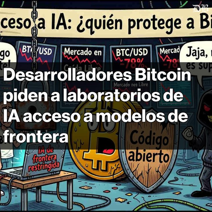 A Spanish-language news graphic featuring a Bitcoin character being attacked, with the headline 'Desarrolladores Bitcoin piden a laboratorios de IA acceso a modelos de frontera' (Bitcoin developers ask AI labs for access to frontier models) and signs reading 'IA de frontera restringida' and 'Código abierto'.