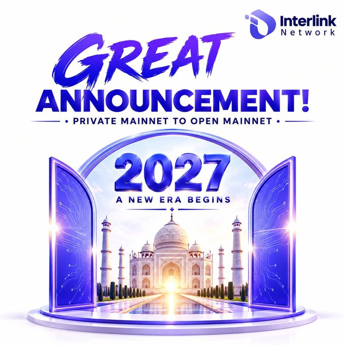 A promotional graphic from InterLink Network announcing the upcoming transition from Private Mainnet to Open Mainnet in 2027, featuring the Taj Mahal framed by digital doors opening to a bright horizon to symbolize "A New Era Begins."