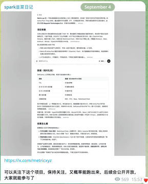 A screenshot shows a Chinese “Spark 笔记” summary dated September 4, with sections describing the project, features, and metrics. The post identifies it as Metric’s “Active Pools” project deployed on Ethereum mainnet, BSC, and Robinhood, supporting single-sided liquidity and reducing the need for frequent manual intervention.