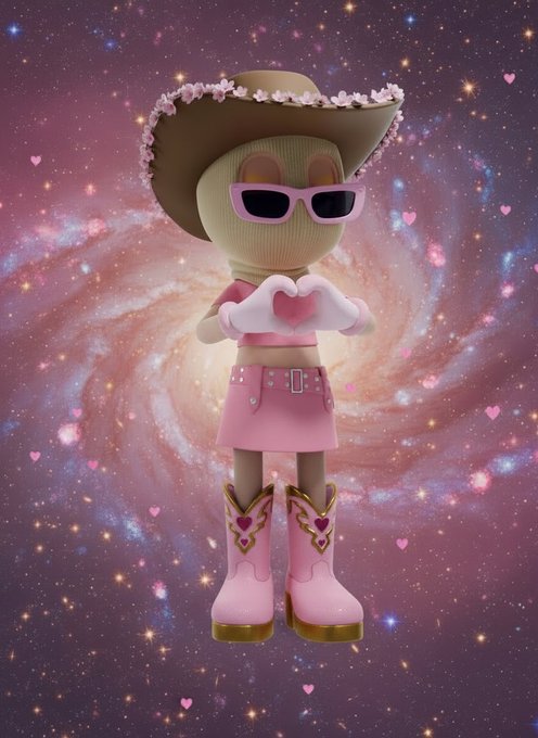 A 3D rendered character in pink cowgirl-themed attire featuring a flower-adorned hat, pink sunglasses, heart-shaped gloves, a pink skirt, and cowboy boots with heart details, posed against a cosmic galaxy background with floating pink hearts.
