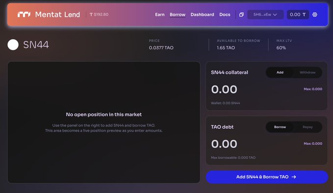 The image shows the Mentat Lend dashboard for SN44 on Bittensor, displaying a price of 0.0377 TAO, 1.65 TAO available to borrow, and a 60% max LTV, with options to add SN44 collateral and borrow TAO. This visualizes the platform's native lending feature described in the post, where users can deposit SN44 as collateral to borrow TAO at up to 60% loan-to-value — essentially functioning as Bittensor's native version of Aave for subnet tokens.