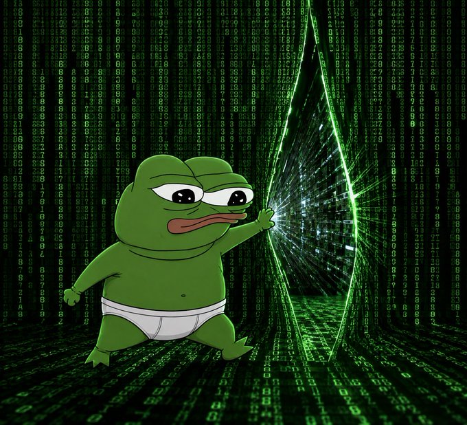 The Pepe the Frog meme character, wearing only white underwear, reaches out to touch a glowing green portal of cascading digital code reminiscent of the Matrix.