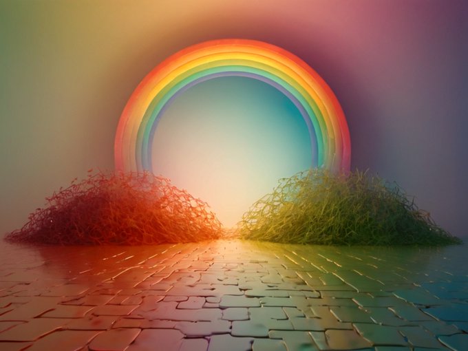 An artistic 3D rendering featuring a glowing rainbow arch positioned above two piles of colored material (red/orange and green) sitting on a textured cobblestone surface.
