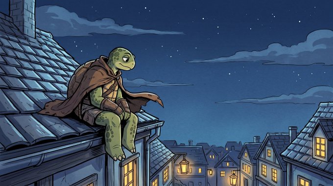 An anthropomorphic turtle in a hooded cloak sits pensively atop a shingled rooftop at night, gazing over a quaint village with warmly lit windows. The contemplative, solitary figure complements the post's message of fair distribution—one mint per wallet ensures broad community ownership rather than concentrated holdings, mirroring the lone wanderer surveying the many homes below.