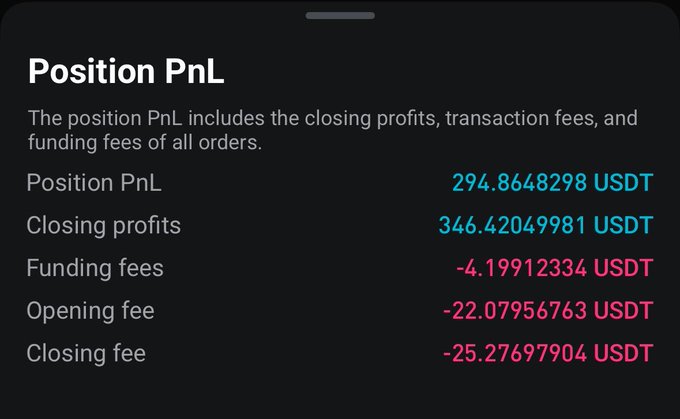 A dark trading interface showing a 'Position PnL' breakdown, with positive closing profits of '346.42049981 USDT' offset by negative funding, opening, and closing fees, resulting in a final PnL of '294.8648298 USDT'.