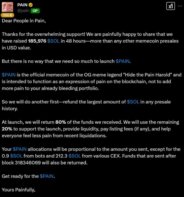 A Twitter/X post from @pain_ announcing the $PAIN memecoin presale raised 185,976 $SOL in 48 hours, with plans to refund 80% of funds at launch.