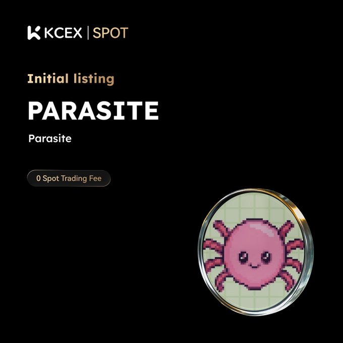 KCEX SPOT exchange listing announcement for a cryptocurrency called 'PARASITE' with 0 spot trading fee, featuring a pixel-art pink parasite token logo.