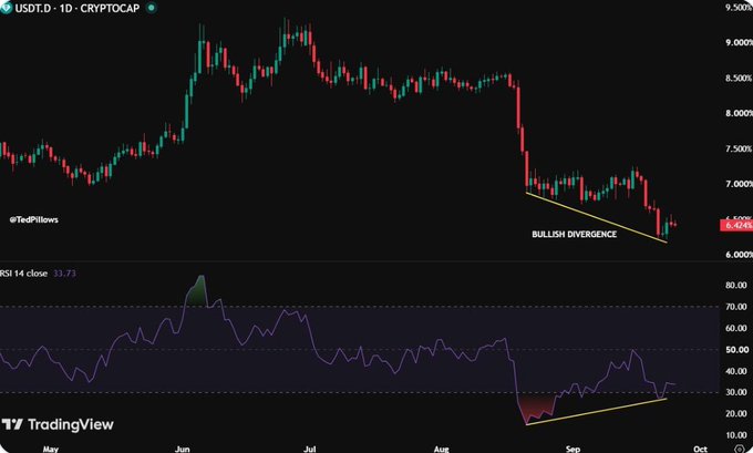 A TradingView chart of USDT.D showing a candlestick price pattern with a 'BULLISH DIVERGENCE' annotation marked by yellow trendlines, along with an RSI indicator at 33.73.