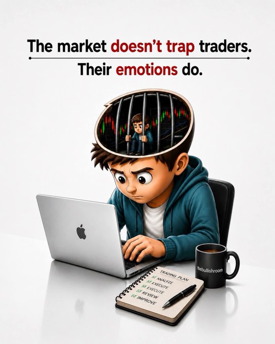 An illustration shows a frustrated trader working on a MacBook with a cage over his head containing candlestick charts, captioned 'The market doesn't trap traders. Their emotions do.'