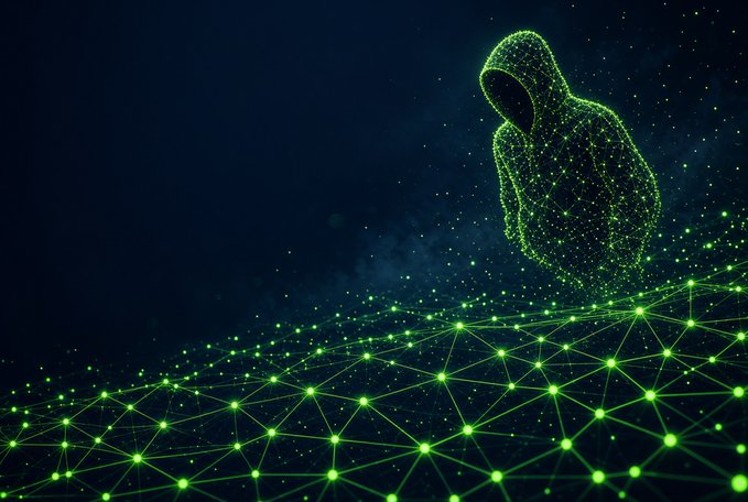 A digital art piece depicts a glowing green wireframe hooded figure resembling a hacker, standing atop a luminous network of connected nodes on a dark blue background.