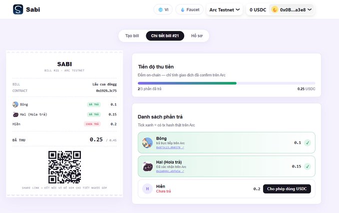 Screenshot of a Sabi bill-splitting app showing a bill of 0.25 USDC on Arc Testnet, split between Bóng, Hai, and Hiền, with a QR code and progress bar.