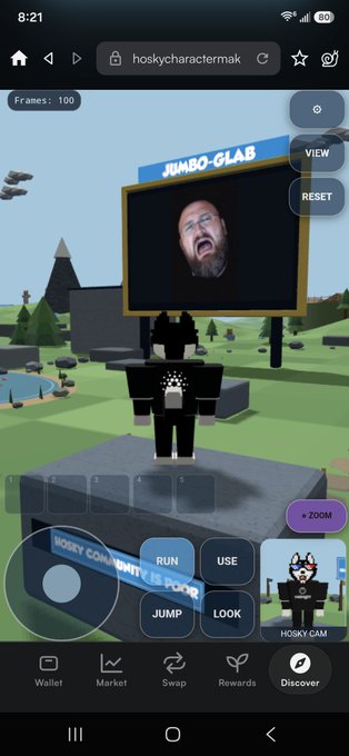A mobile screenshot of what appears to be a virtual 3D game or metaverse platform called 'hoskycharactermak' showing an avatar in a 'JUMBO-GLAB' setting with a man's face displayed on a billboard.