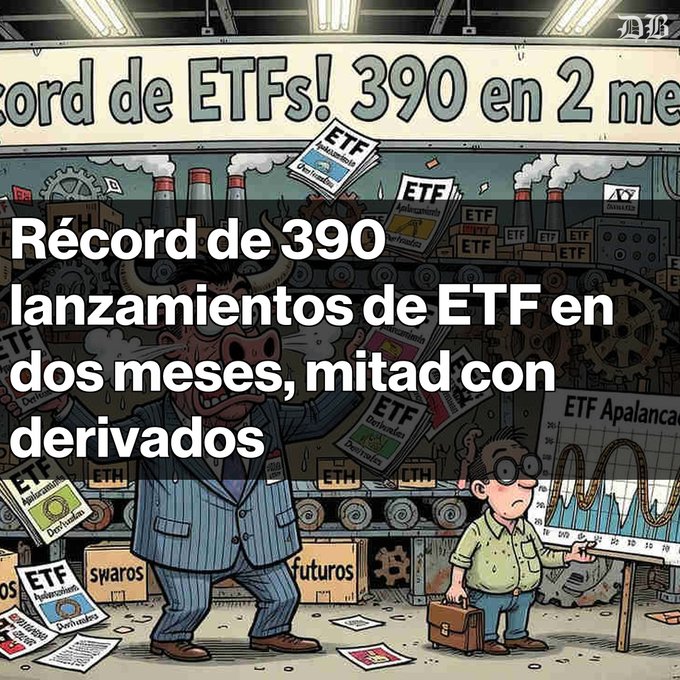Spanish-language crypto meme with the headline 'Récord de 390 lanzamientos de ETF en dos meses, mitad con derivados' overlaying a cartoon factory scene with a bull character and ETF-themed products.